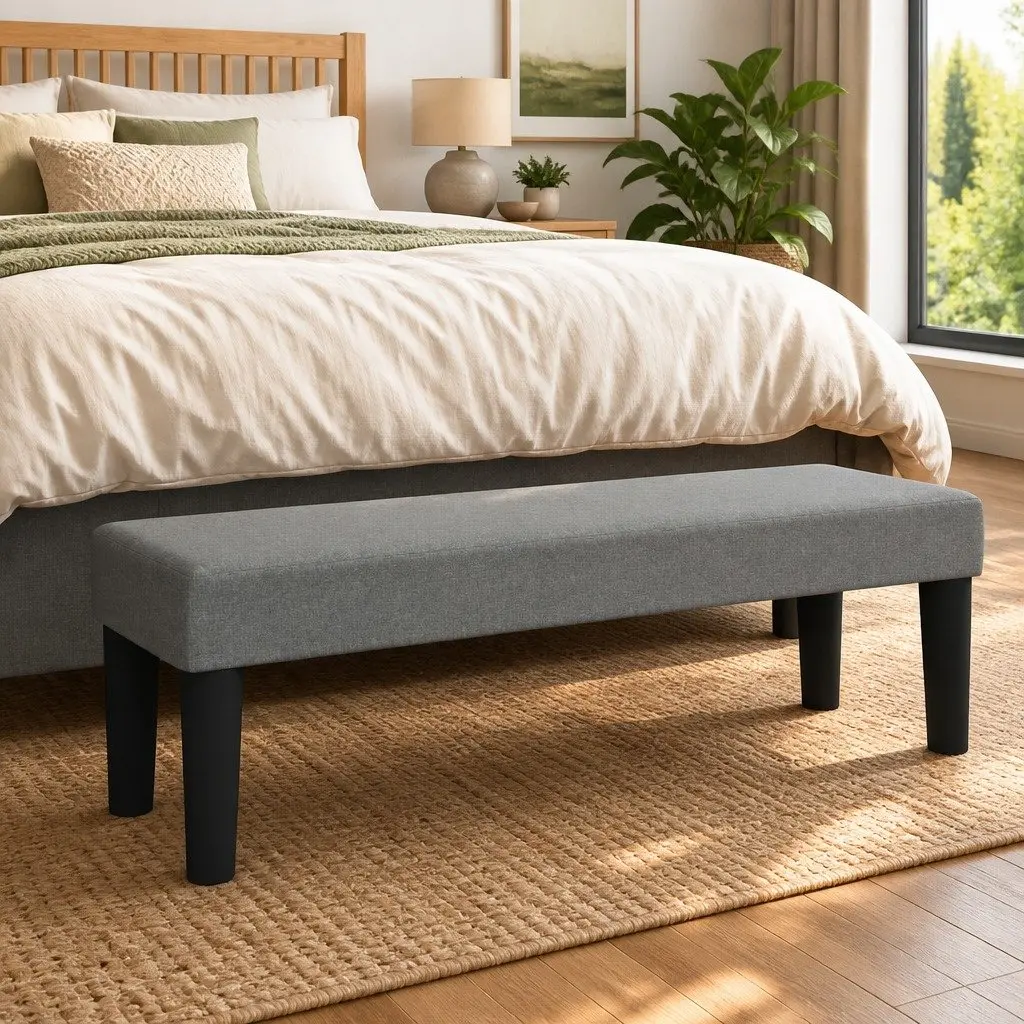 Upholstered Bench Grey Fabric Padded Seat 100x30x30cm