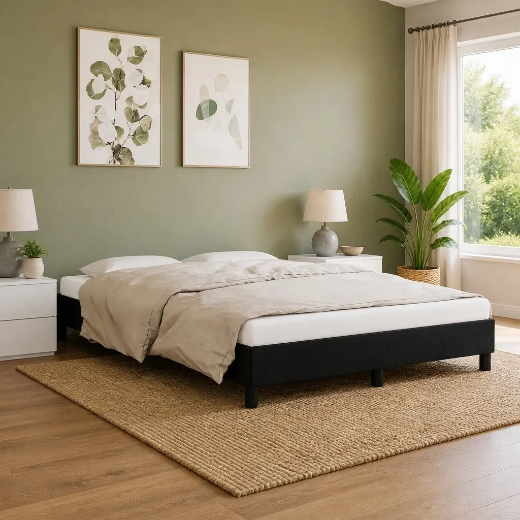 Queen Bed Frame Black Fabric 152x203 cm Sturdy Construction Plywood Slats