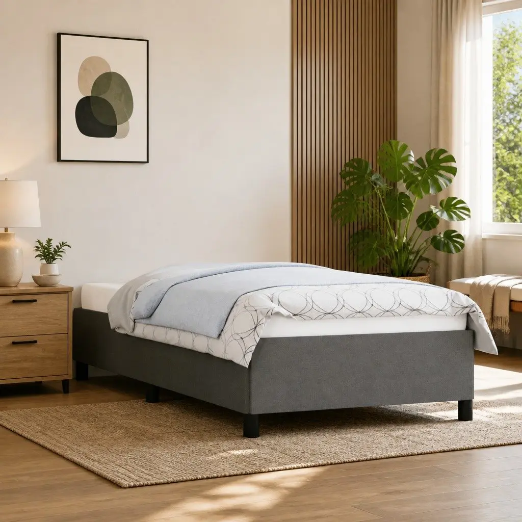 Grey Fabric Upholstered King Single Bed Frame Sturdy Plywood Slats Base