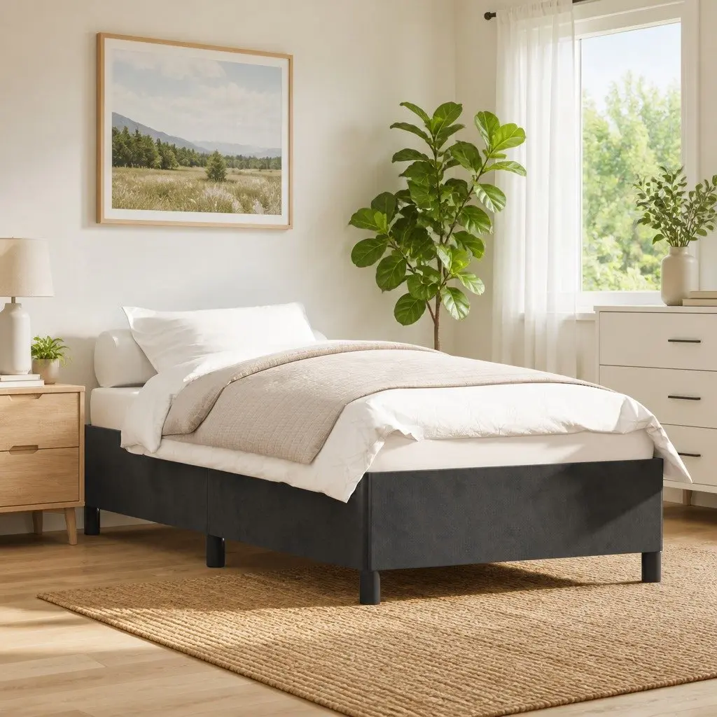 King Single Bed Frame Grey Upholstered Velvet Support Legs Bedroom Furniture