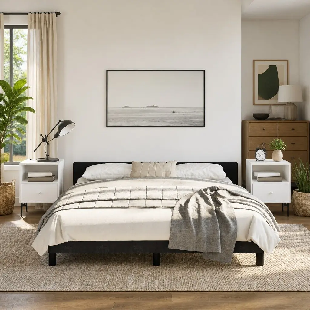 Queen Bed Frame with Plush Velvet Headboard