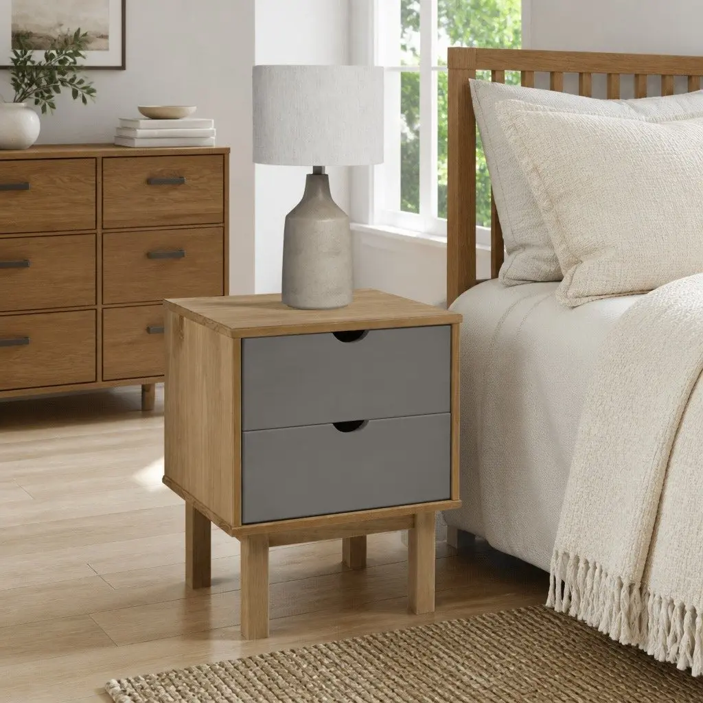 Bedside Cabinet Solid Pine Wood Scandinavian Nightstand Two Drawers 45 x 39 x 57 cm