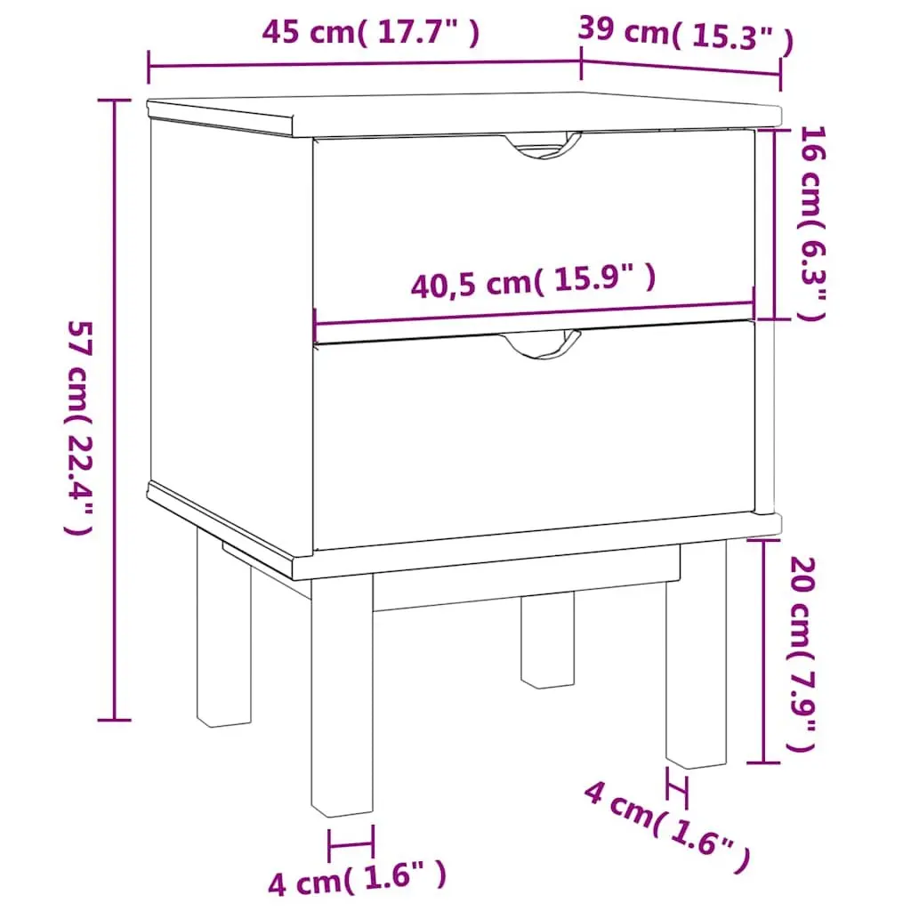 Bedside Cabinet Solid Pine Wood Scandinavian Nightstand Two Drawers 45 x 39 x 57 cm