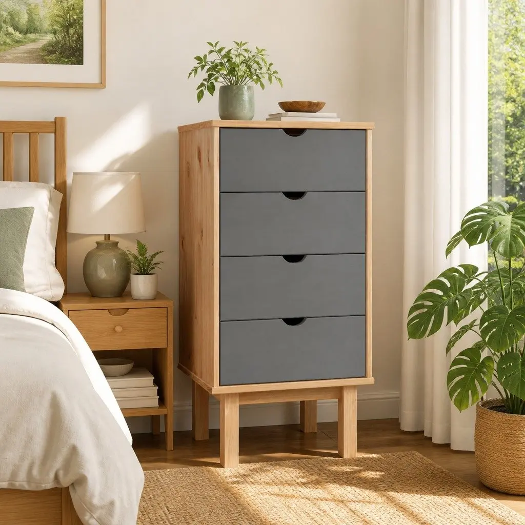 Drawer Cabinet Chest of Drawers Scandinavian Style 4 Drawer Storage Unit Brown Grey Pine Wood
