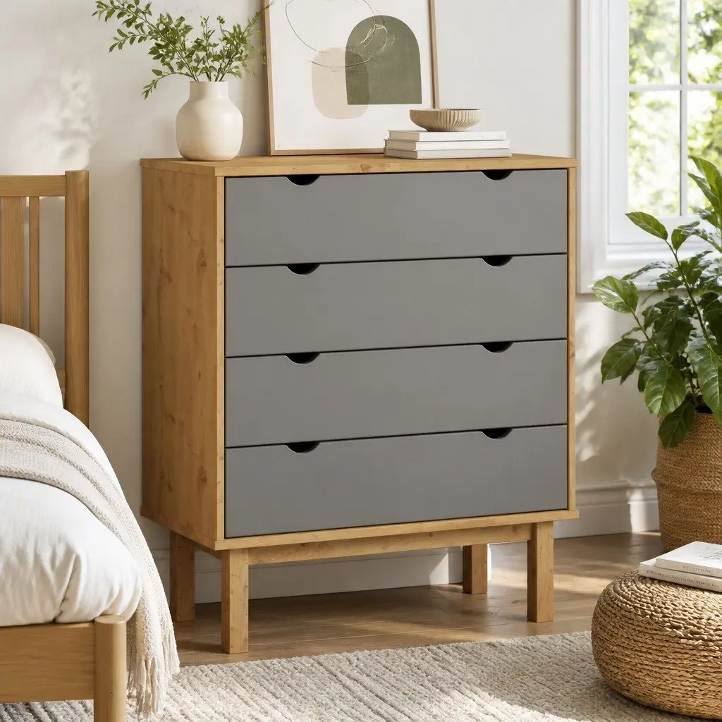 Drawer Cabinet Scandinavian Style Solid Wood Pine Grey 4 Drawer Storage