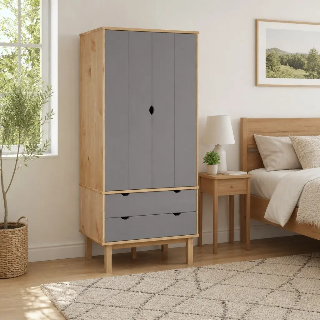 Grey Pine Wardrobe with Drawers 76.5x53x172cm