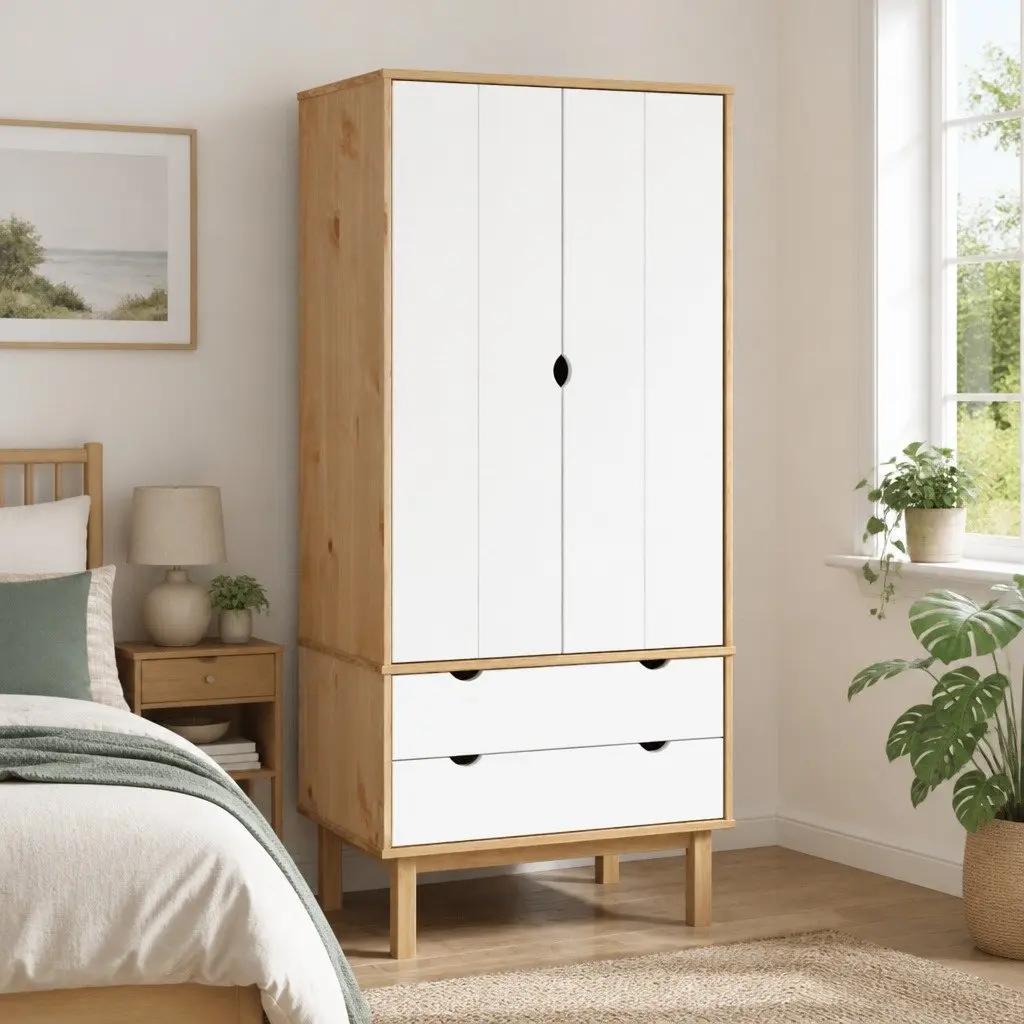 Wardrobe Solid Pine Wood Brown and White 76.5x53x172 cm 2 Drawers Storage Closet