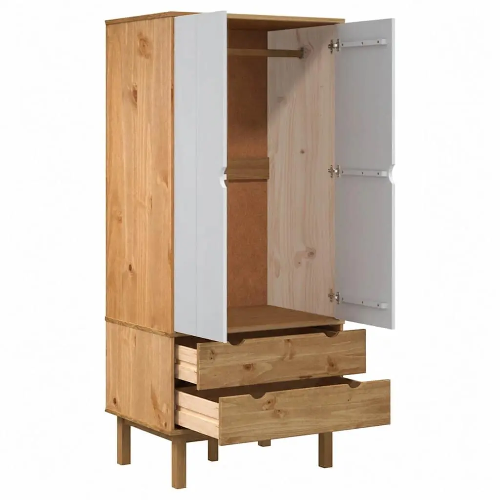 Wardrobe Solid Pine Wood Brown and White 76.5x53x172 cm 2 Drawers Storage Closet