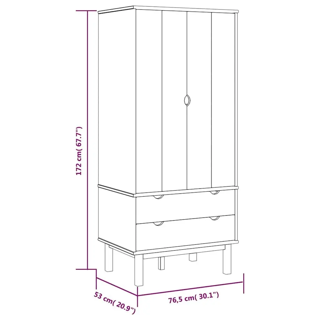 Wardrobe Solid Pine Wood Brown and White 76.5x53x172 cm 2 Drawers Storage Closet