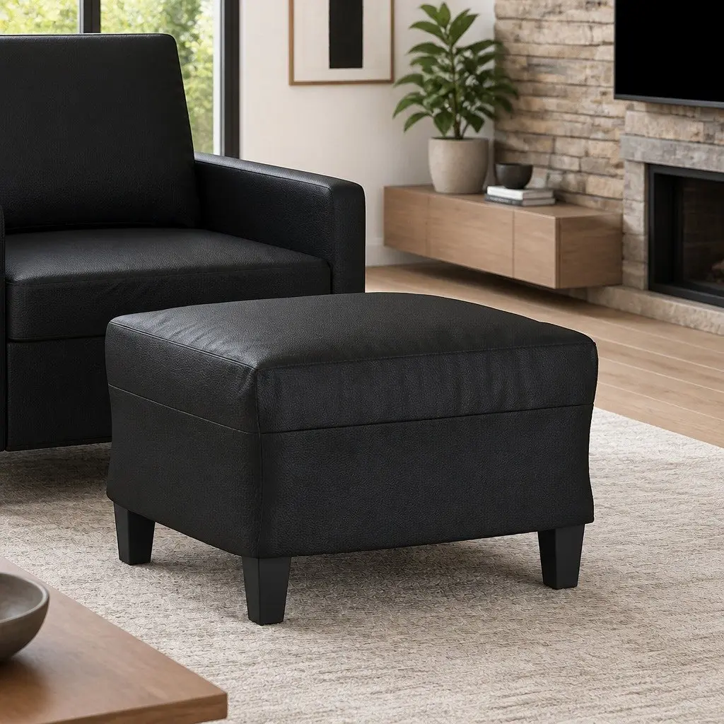 Footstool Black Faux Leather Ottoman Pouf Seat Rest Living Room Furniture