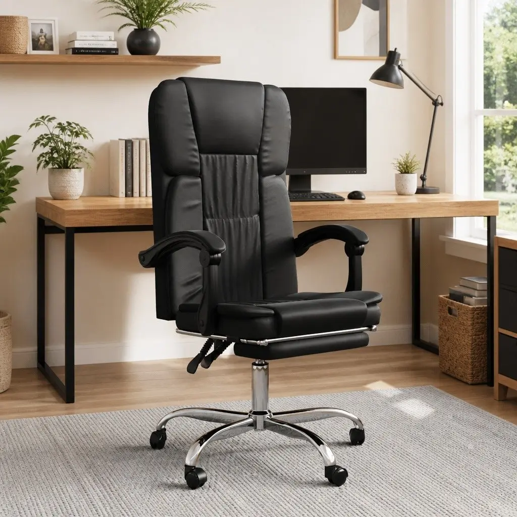 Reclining Office Chair Black Faux Leather Adjustable Height Backrest Swivel Desk