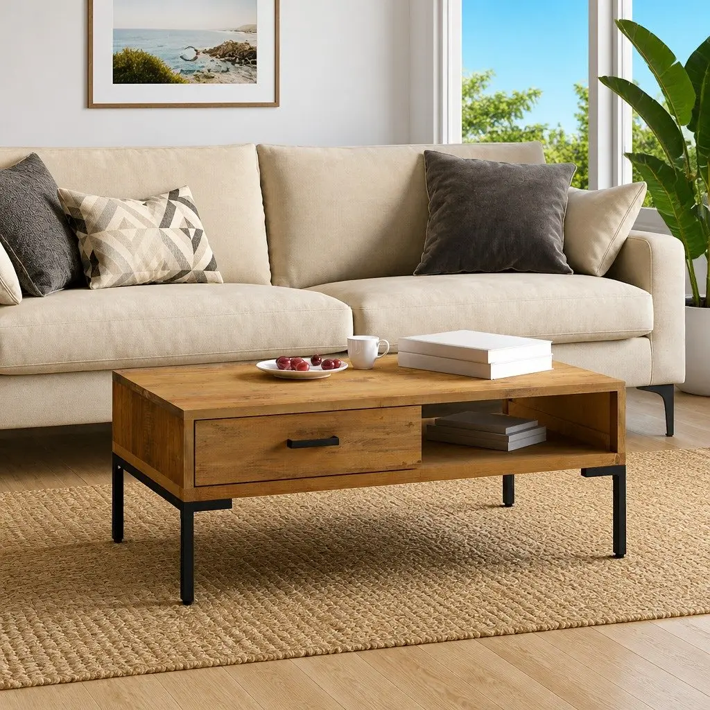 Coffee Table 90x50x35cm Wooden Living Room Furniture Storage Drawer Open Shelf
