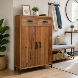 Shoe Rack 75x40x110 cm Brown Solid Pinewood Storage Cabinet 2 Drawers