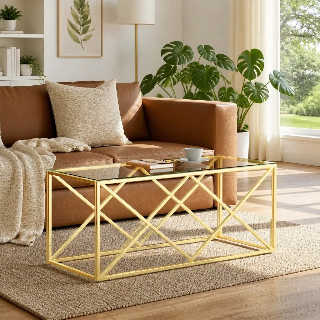Coffee Table Gold Frame Glass Top 110 x 45 x 45 cm Living Room Accent Furniture Side Couch Table