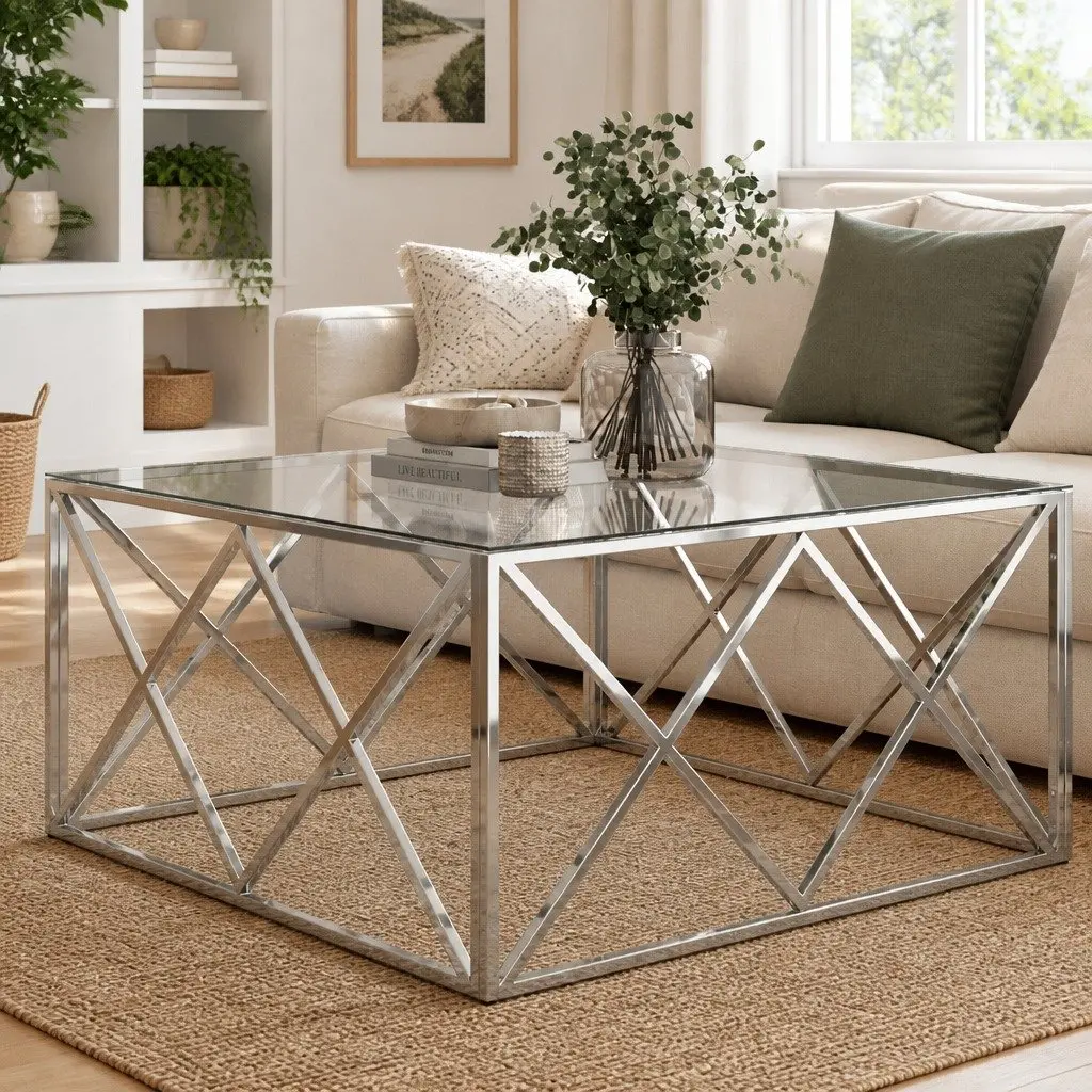 Coffee Table Modern Tempered Glass Top Silver Stainless Steel Frame