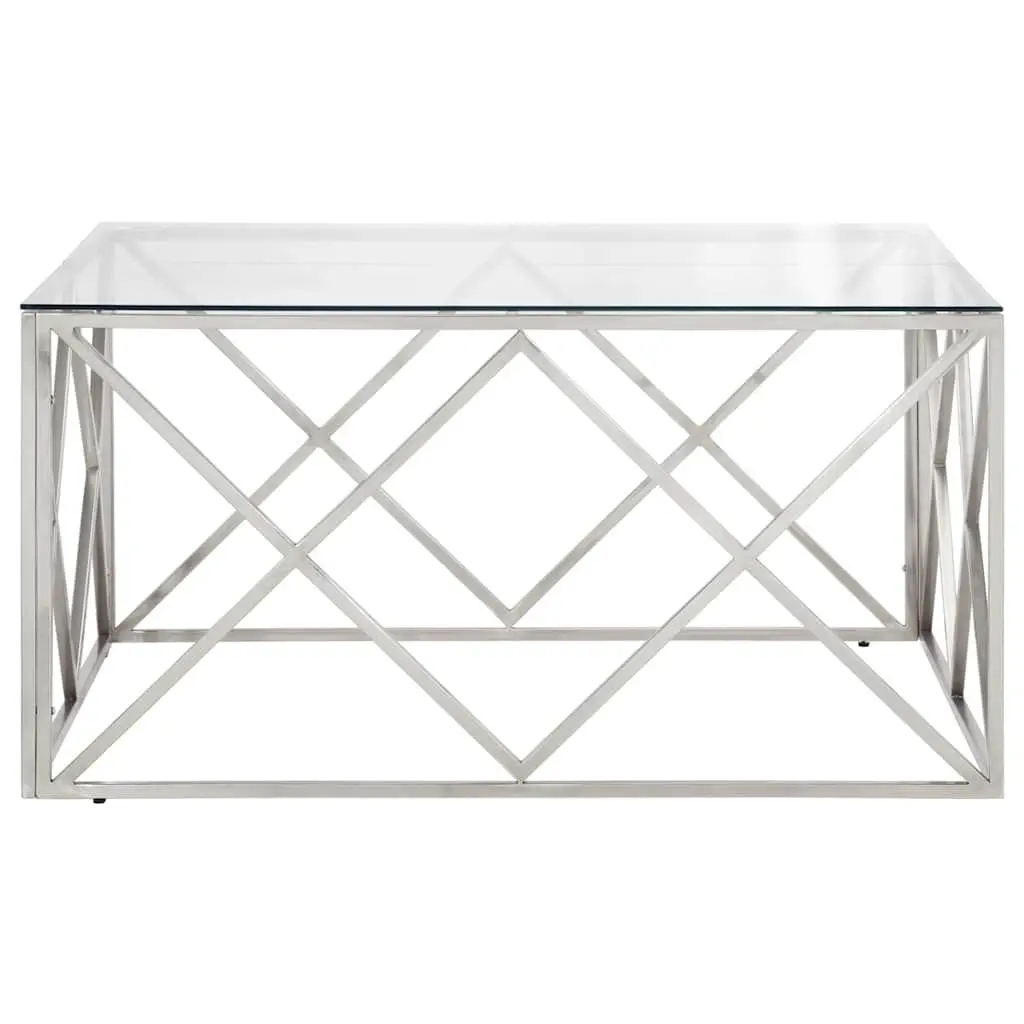 Coffee Table Modern Tempered Glass Top Silver Stainless Steel Frame