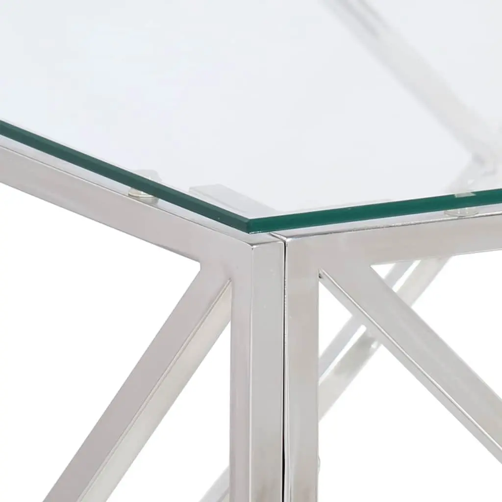 Coffee Table Modern Tempered Glass Top Silver Stainless Steel Frame