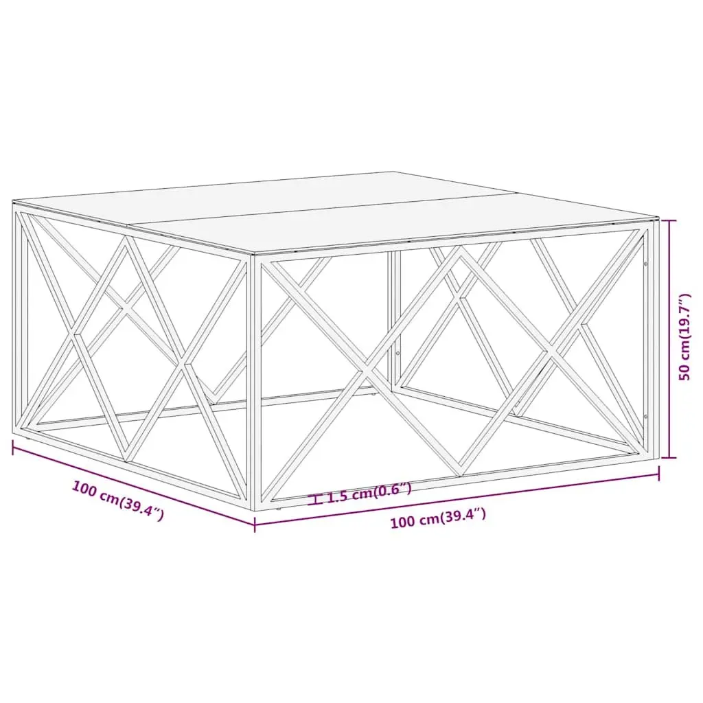 Coffee Table Modern Tempered Glass Top Silver Stainless Steel Frame