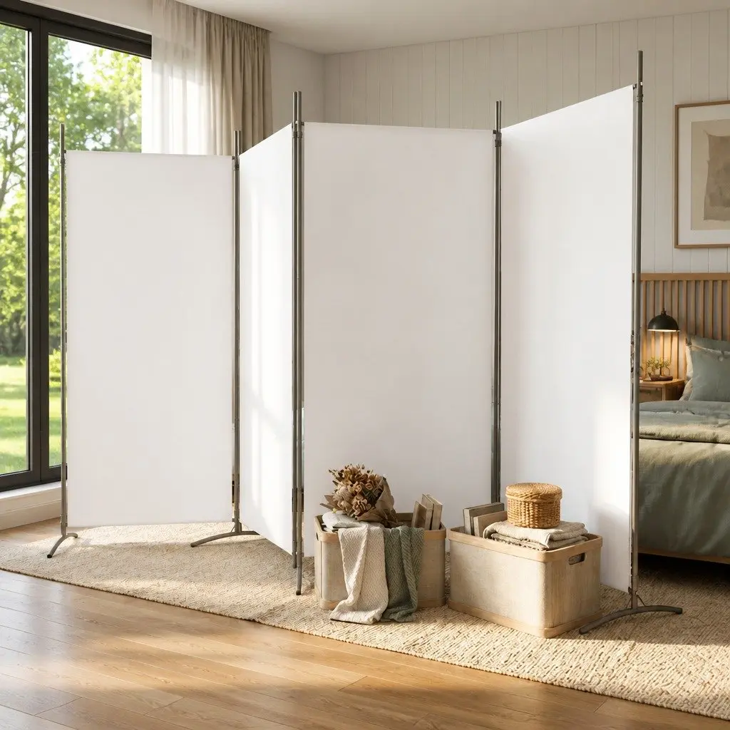 Room Divider 4 Panel White Folding Screen 346x180cm Fabric