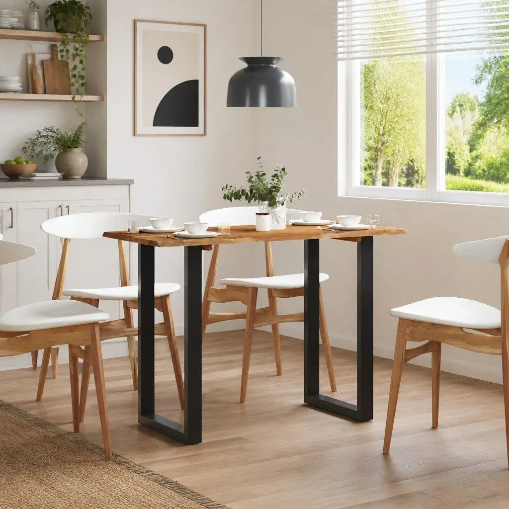 Acacia Wood Dining Table Natural Brown 110x50x76cm Solid Construction with Iron Legs for Kitchen or Dining Room