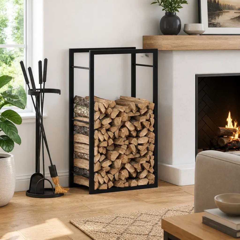 Firewood Rack Log Storage Holder Steel Black Fireplace Wood Stand 50x28x94cm