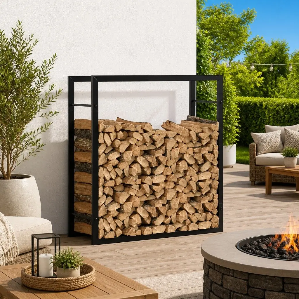 Firewood Rack Log Storage Holder Black Steel Outdoor Indoor Fireplace Wood Stand