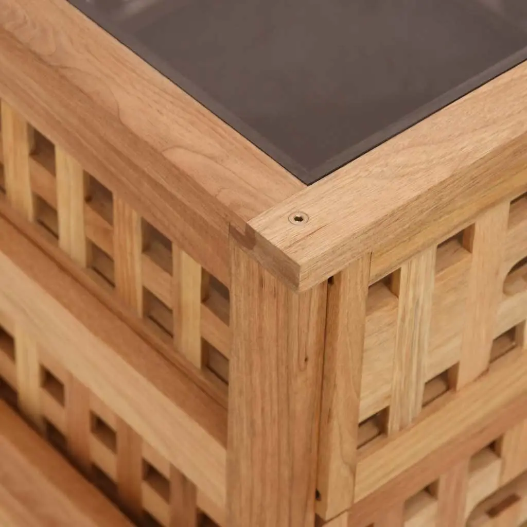 Brown Bedside Tables 2 Piece Solid Wood Storage Drawers Glass Top 34cm