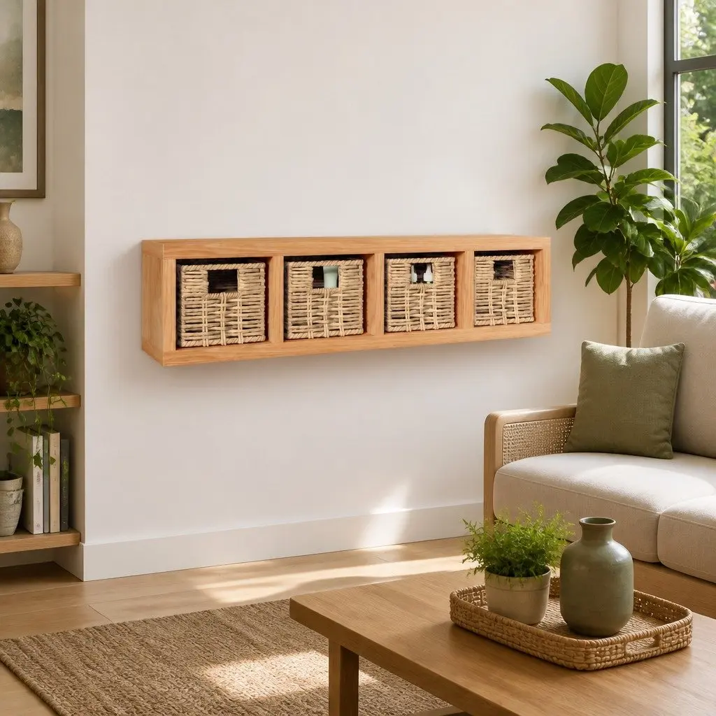 Wall Shelf with 4 Removable Baskets, 62x18x16 cm