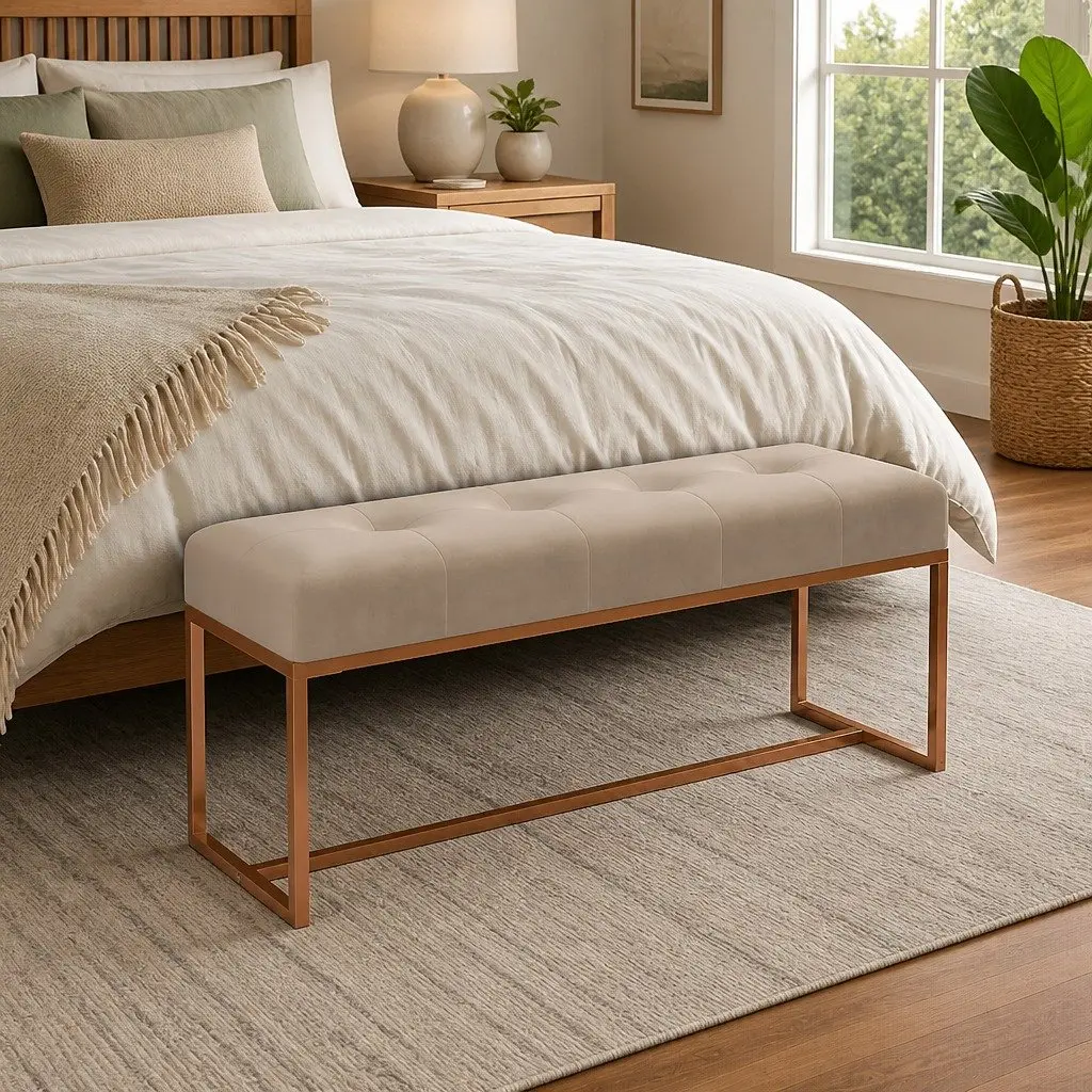 Beige Velvet Storage Bench