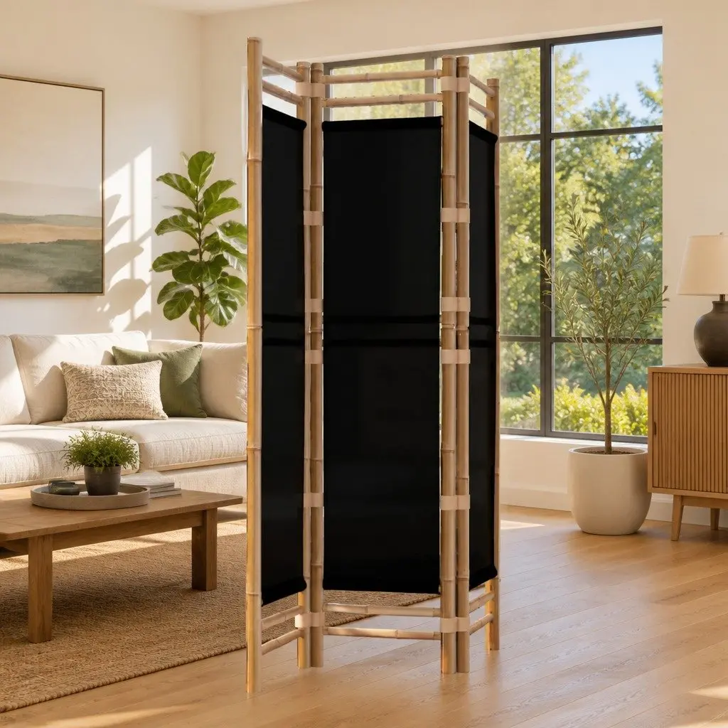 Room Divider Folding 3-Panel Bamboo Canvas Privacy Screen Black