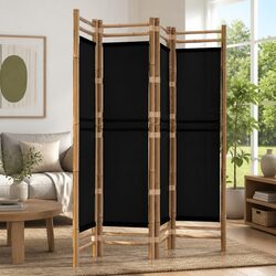 Room Divider Folding 4-Panel Privacy Screen Bamboo Canvas Black Partition