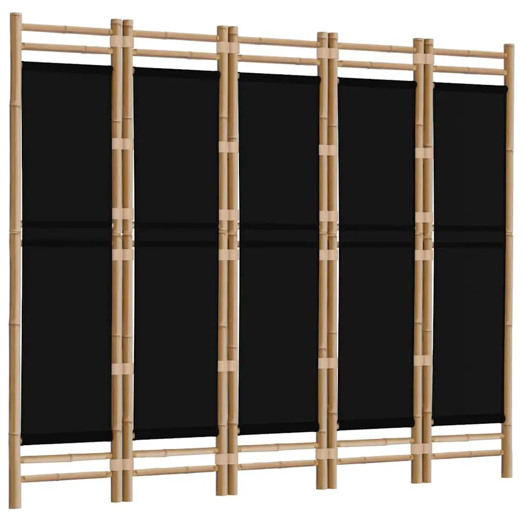 5-Panel Room Divider 200cm Folding Privacy Screen Bamboo Canvas Black