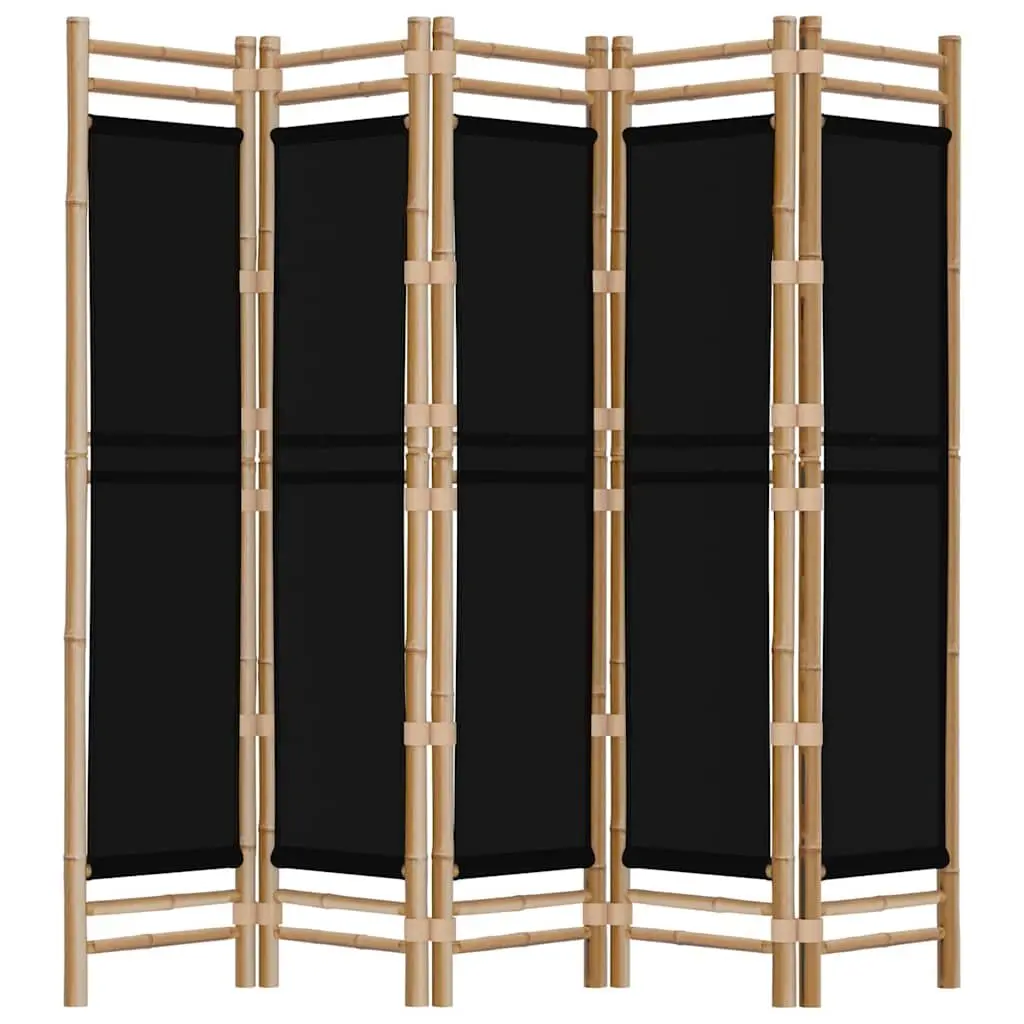 5-Panel Room Divider 200cm Folding Privacy Screen Bamboo Canvas Black