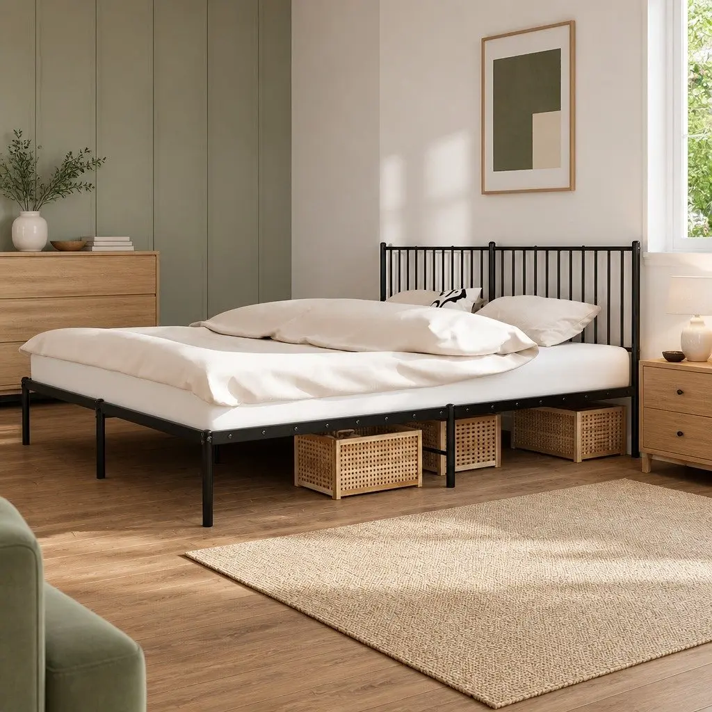 Metal Bed Frame King Size Black with Headboard Slatted Base Storage 183x203 cm