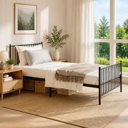Metal Bed Frame King Single 107x203 cm with Footboard Slatted Base Black