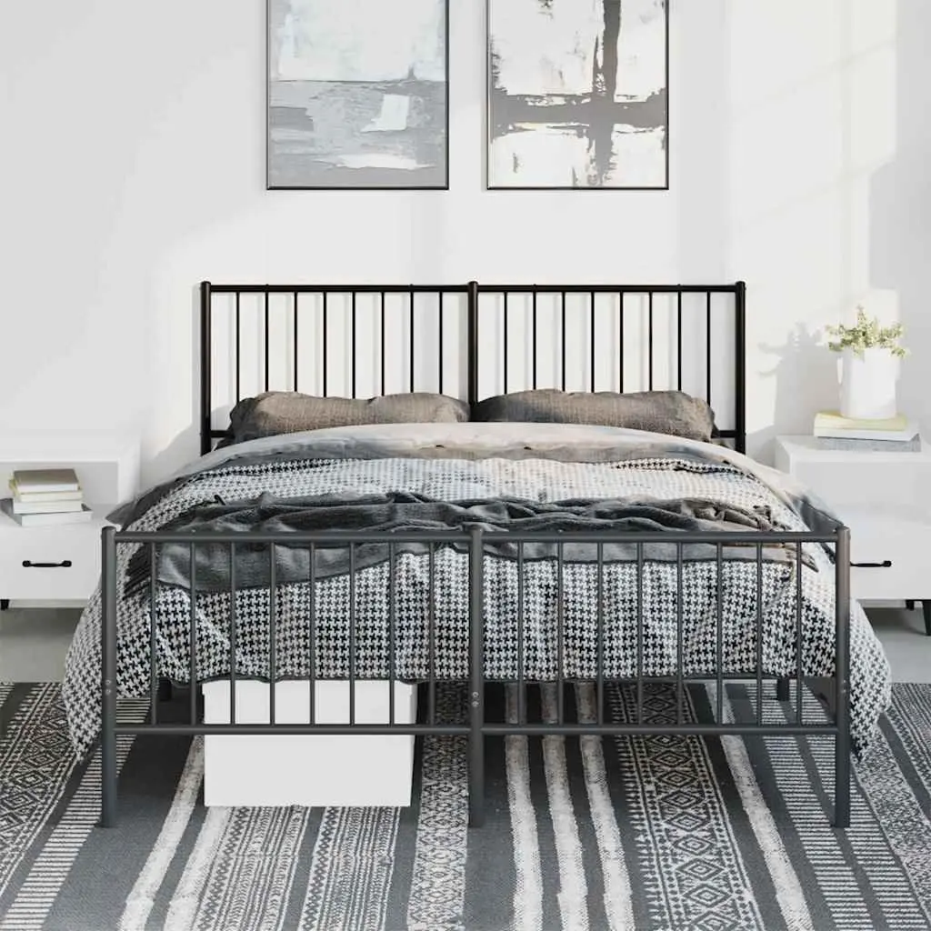 Queen Metal Bed Frame 135x190 cm Black Steel with Headboard Footboard and Under-bed Storage