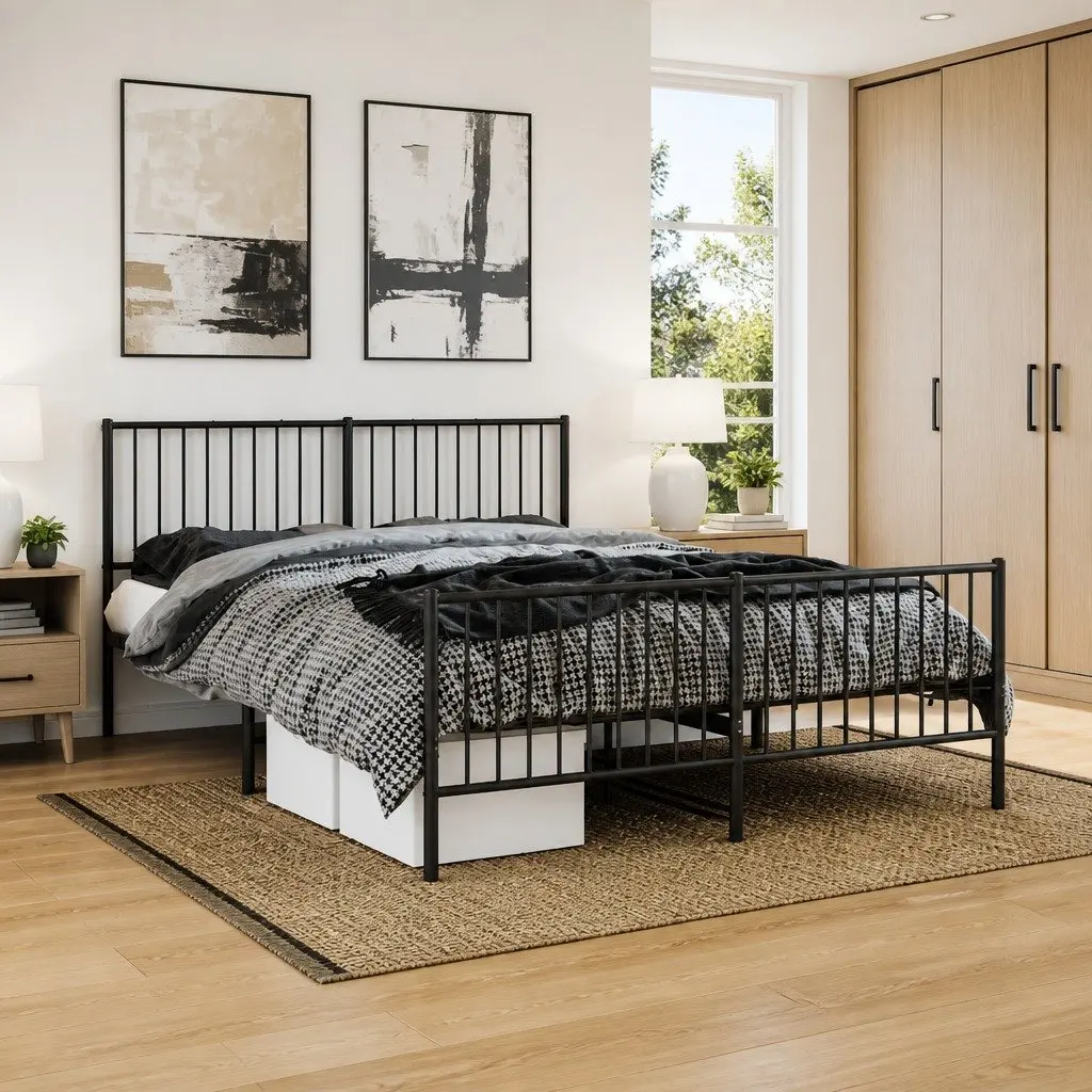 Metal Bed Frame Black 150x200 cm with Headboard and Footboard