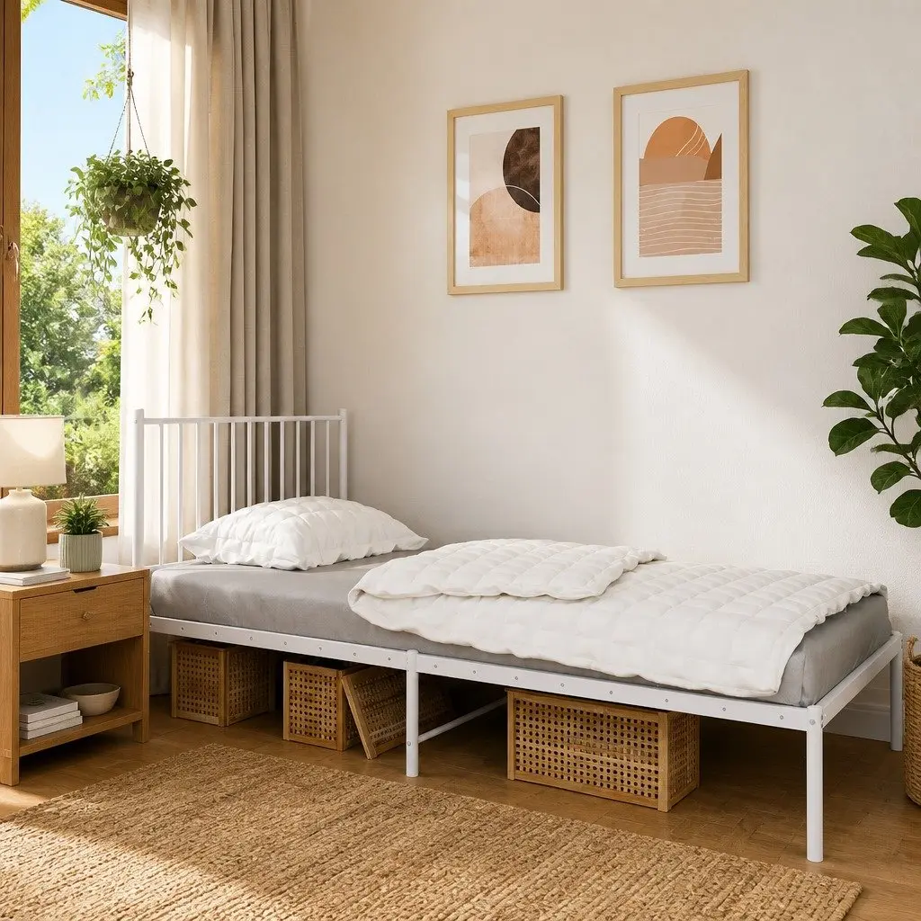 Metal Bed Frame White 90x190 cm with Headboard Slatted Base Support Storage