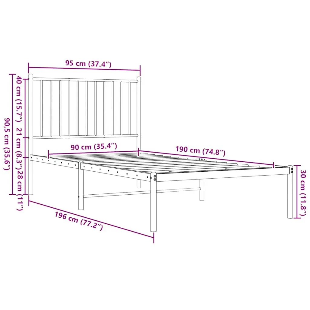 Metal Bed Frame White 90x190 cm with Headboard Slatted Base Support Storage