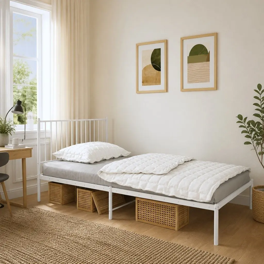 Metal Bed Frame King Slatted Base White 107x203 cm