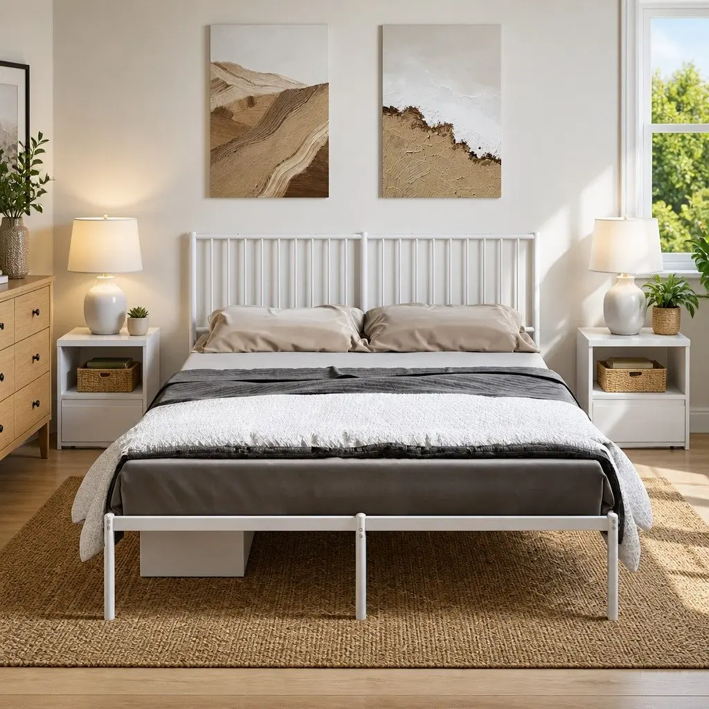 Metal Bed Frame White with Headboard 150x200 cm