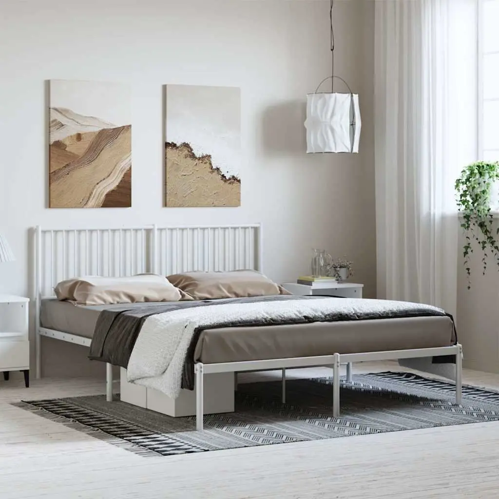 Metal Bed Frame White with Headboard 150x200 cm