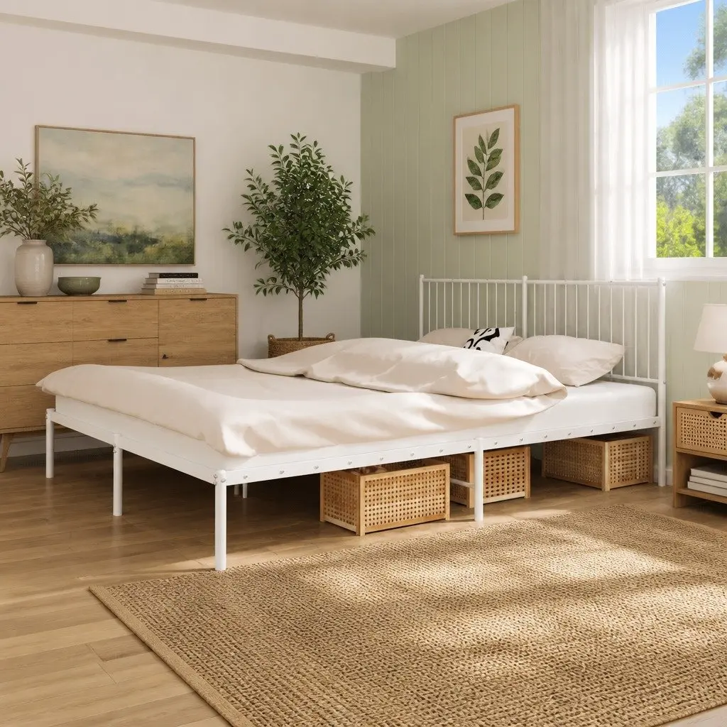 Metal Bed Frame King Size with Headboard White 183x203 cm Steel Slats Support