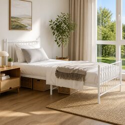 Metal Bed Frame White 90x190 cm Footboard Slatted Base Storage Space Bedroom