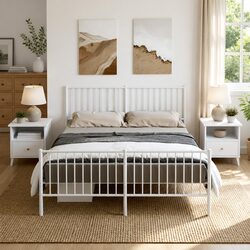 Metal Bed Frame 150x200 cm White Footboard Bedroom Furniture Steel Construction