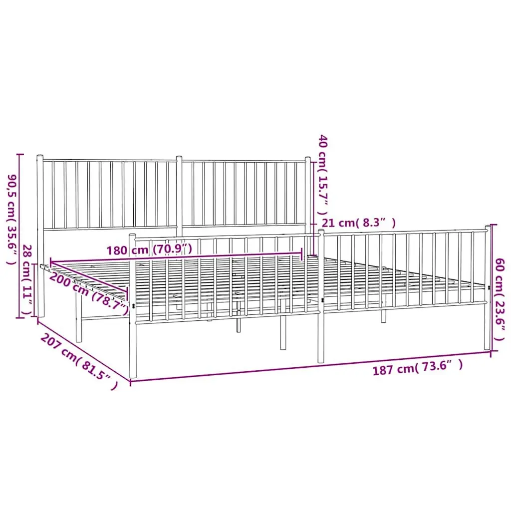 Metal Bed Frame King Size White Steel with Footboard and Headboard 183x203 cm