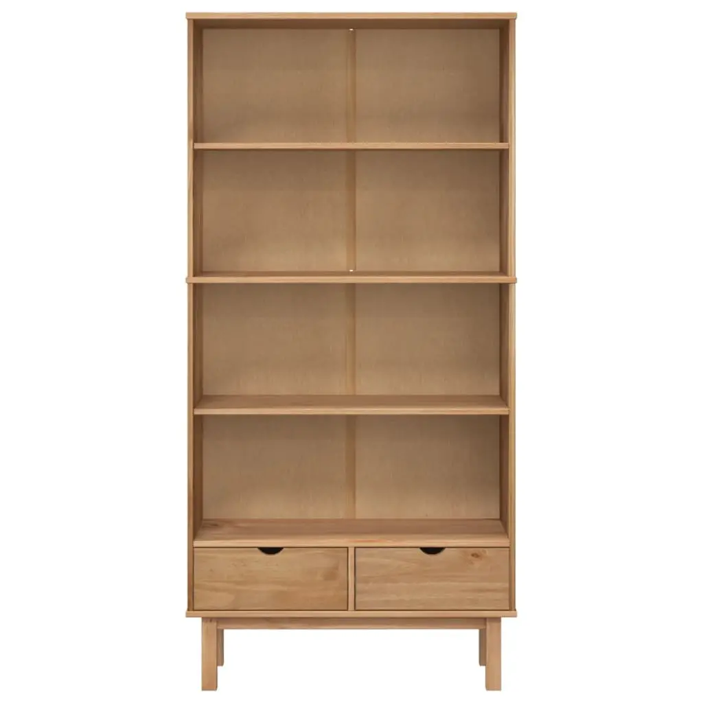 Wooden Bookcase with 2 Drawers Brown Solid Pine Scandinavian Design Storage