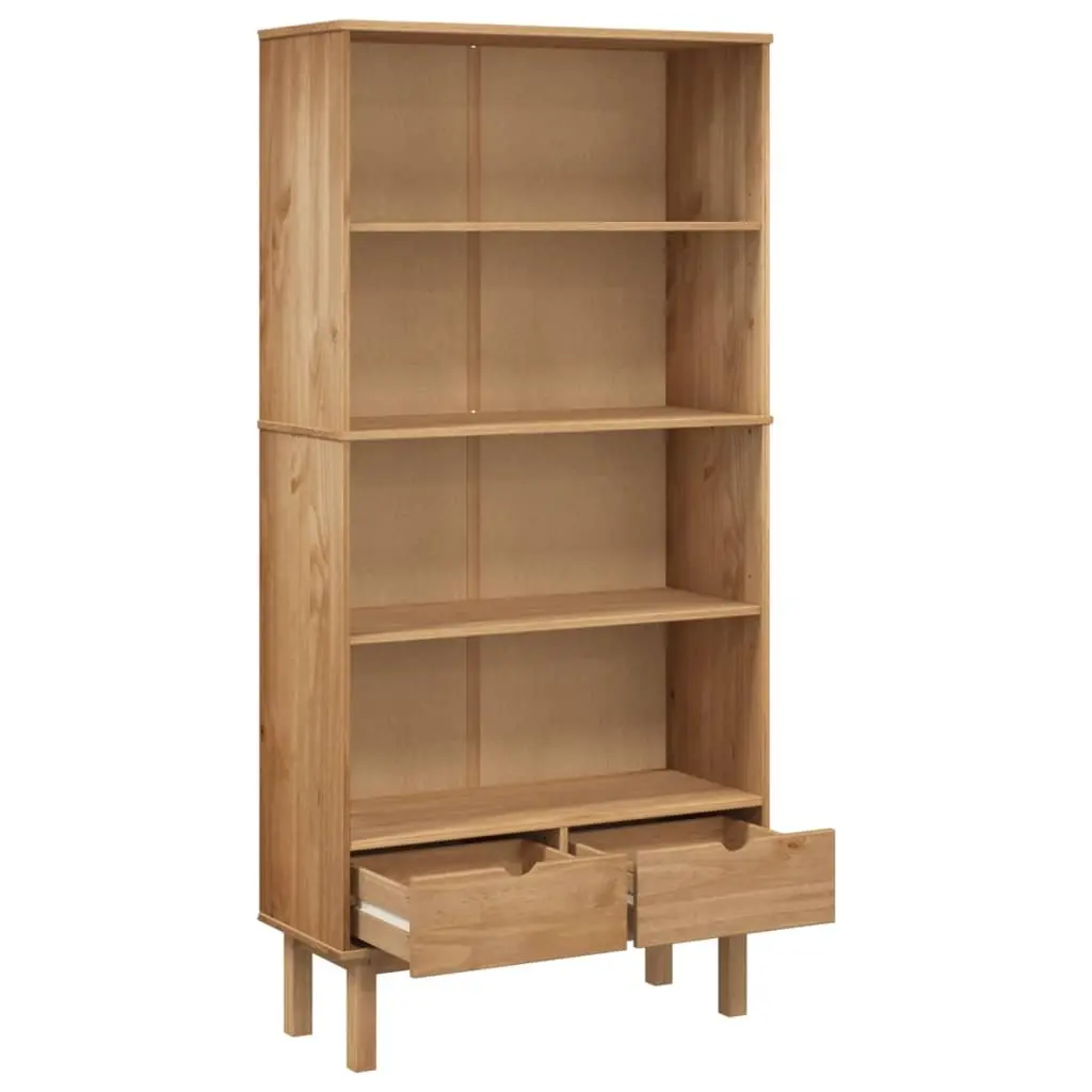 Wooden Bookcase with 2 Drawers Brown Solid Pine Scandinavian Design Storage