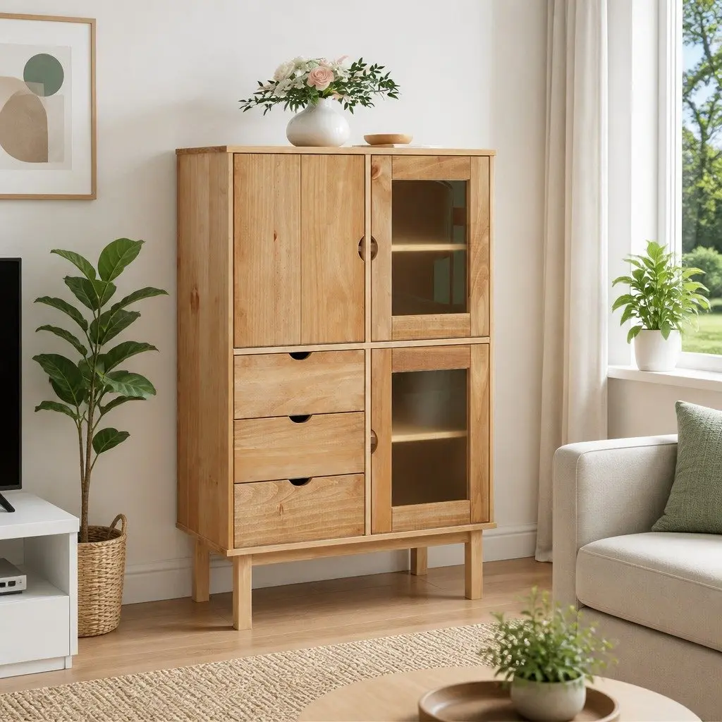 Highboard Solid Wood Pine Storage Cabinet 85x43x125cm 3 Drawers