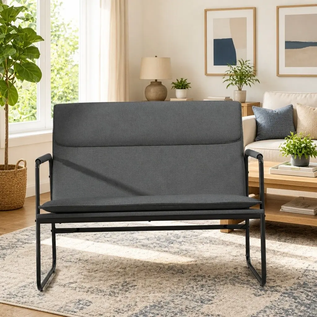 Grey Fabric Upholstered Bench Seating Durable Metal Frame Living Room Furniture